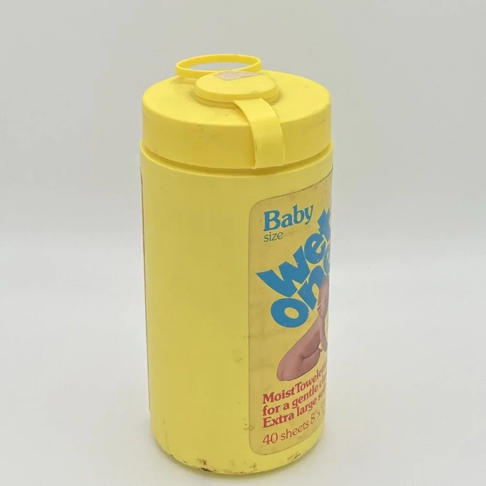 Vintage 80s Wet Ones Baby Size Towelettes Canister Retro Yellow Advertising
